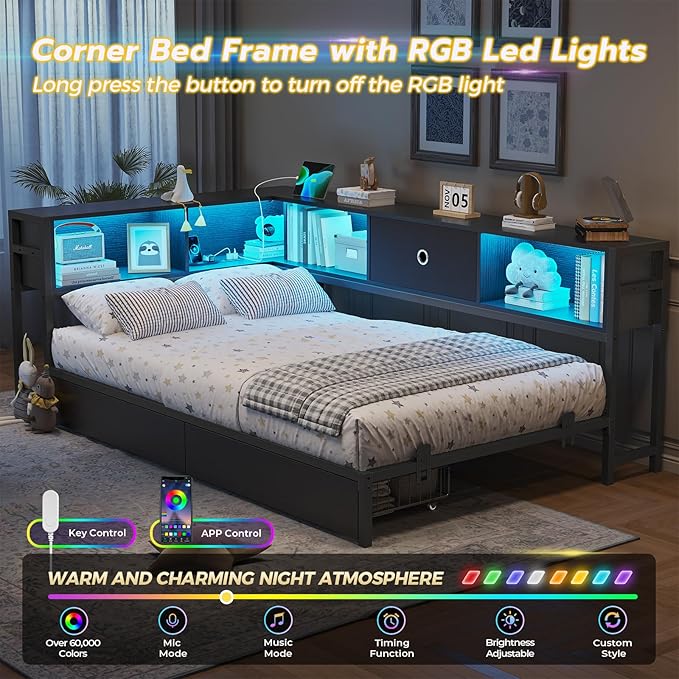 DICTAC Corner Bed Frame with 2 Storage Drawers and Bookcase Headboard Twin XL - Image 4