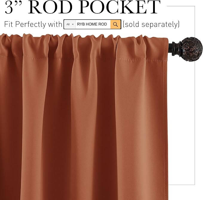 RYB HOME Blackout Curtains for Bedroom Living Room 63 inches Long, Thermal - Image 2