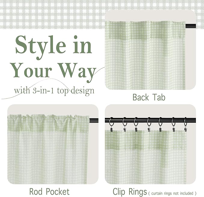 RYB HOME Gingham Cafe Curtains 24 inch Length, Linen Checkered Vintage - Image 2