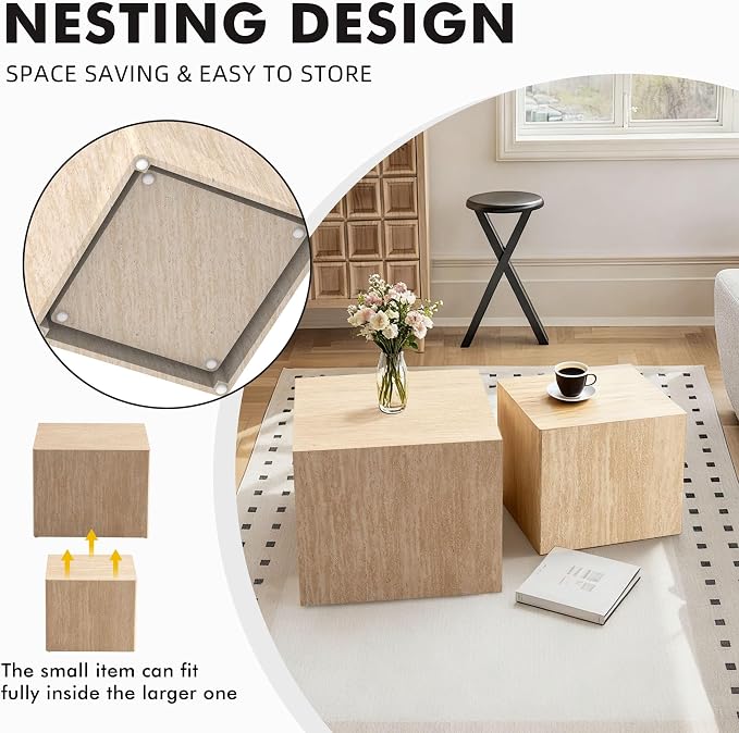 Square Nesting Tables for Living Room, Wood Travertine Veneer Nesting Coffee - Image 6
