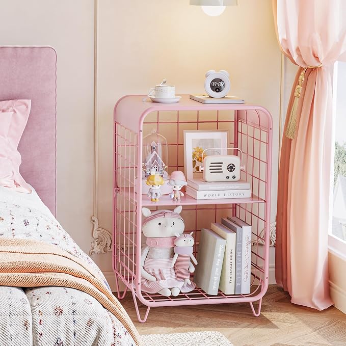 APEXCHASER Cute Kids Pink Nightstand, Metal Side Table, 3 Tier End Table - Image 2