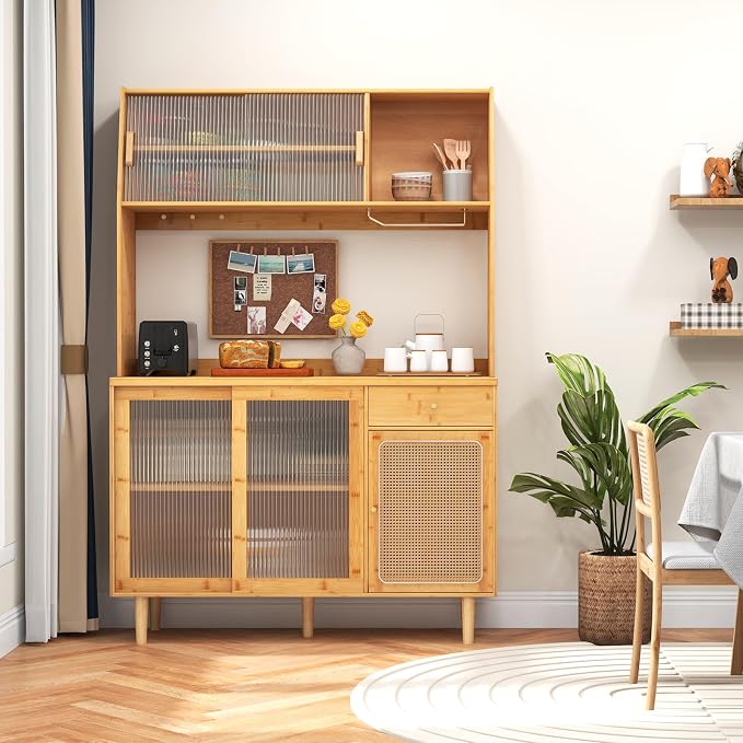 Giantex Pantry Cabinet, Microwave Countertop, Glass Holder, Freestanding Buffet - Image 2
