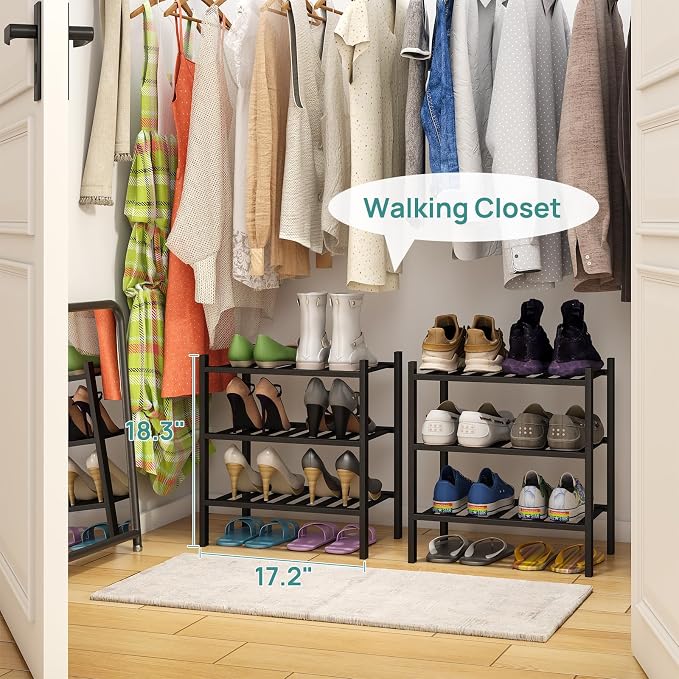 viewcare Small Shoe Rack for Entryway, 3-Tier Black Bamboo Shoe Organizer for - Image 4