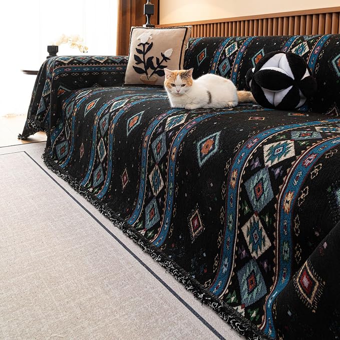 VClife Bohemian Couch Cover, Vintage Moroccan Tribal Geometric Chenille Couch - Image 4