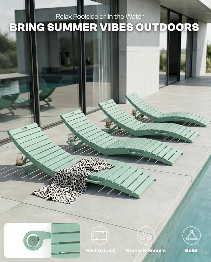 Folding HDPE Pool Lounge Chairs Set of 4, Pre-Assembled Outdoor Chaise Lounge - Image 6