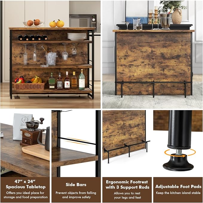 PETSITE Industrial Home Bar Unit, Stationary Kitchen Island w/ 4-Tier Storage - Image 6