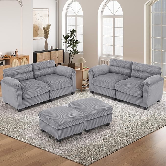 HAOMARKETS Corduroy 4-Piece Sofa Set, Upholstered Ottoman Set of 2 and 2 - Image 6