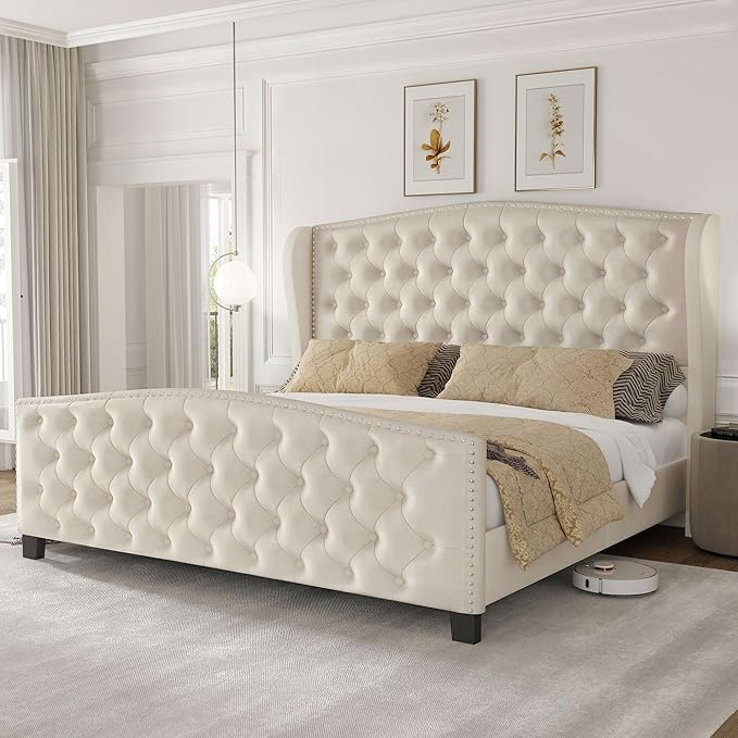 LARMACE Queen Size Bed Frame Velvet Upholstered Platform Bed by LARMACE