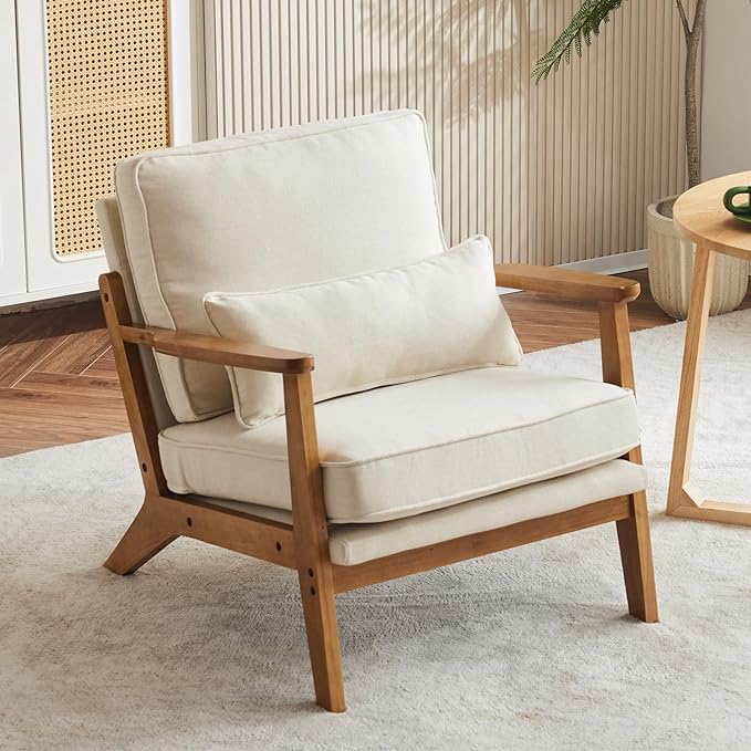 Karl home Accent Chair Wide Armrest Mid-Century Lounge Chair Linen Fabric by Karlhome