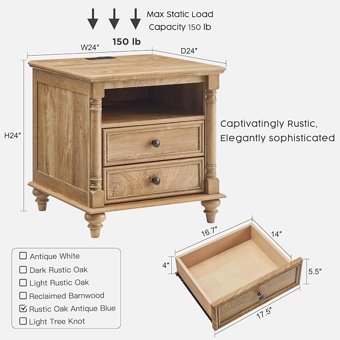 T4TREAM 24'' Farmhouse End Table w/4 Solid Wood Feet, Large 2 Drawers Wide Sofa - Image 2