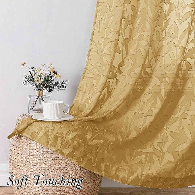 Lecloud Leia Dark Gold Sheer Curtains 54 Inch Length 2 Panels, Light Reducing - Image 3