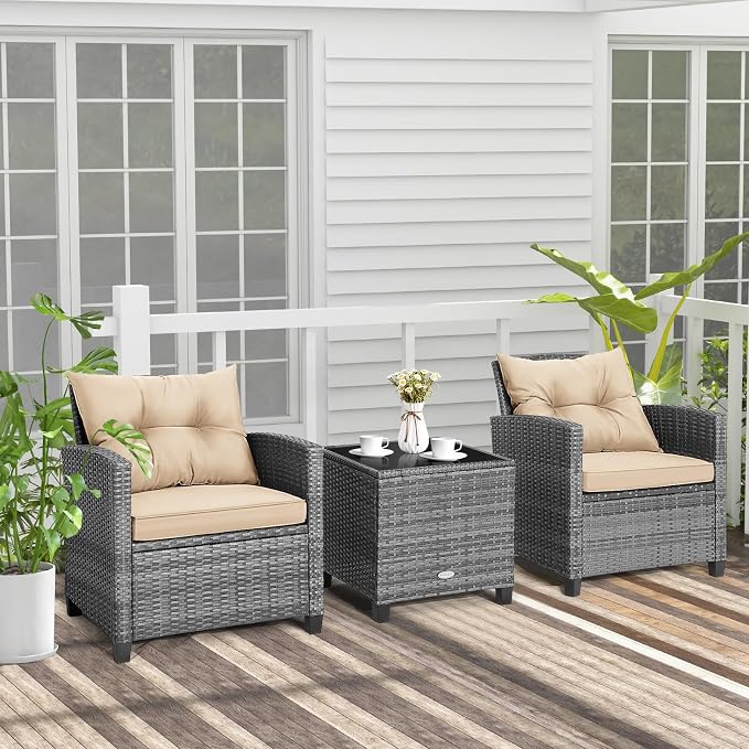 COSTWAY 3PCS Patio Furniture Set, PE Rattan Wicker Sofa w/Washable Cushion and - Image 2