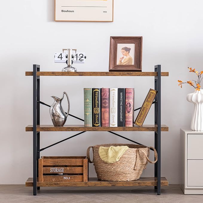 HCHQHS Bookshelf, 3-Tier Industrial Bookcase, Rustic Open Book Shelf, Wood and - Image 9