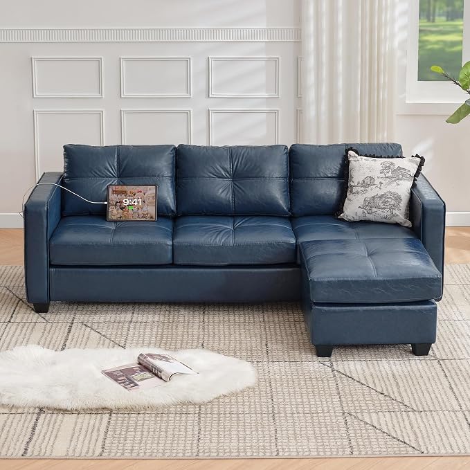 TYBOATLE 88" W Blue Faux Leather L Shaped Sectional Couches w/Side Pockets - Image 9