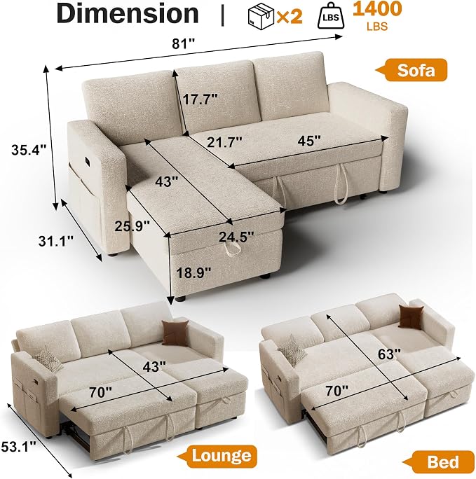 Sunny Heart 82" L Shaped Sectional Sleeper Sofa Bed - Image 2