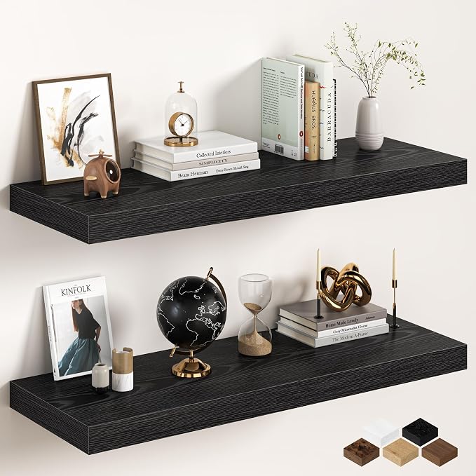 40Inch Black Floating Shelves for Wall, 12 Inch Deep Shelves for Bedroom by FunMemories