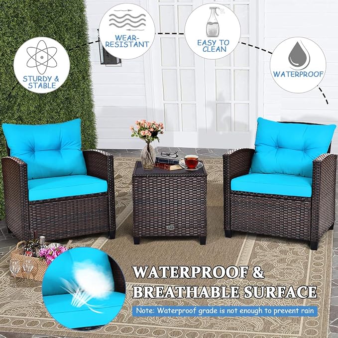 COSTWAY 3PCS Patio Furniture Set, PE Rattan Wicker Sofa w/Washable Cushion and - Image 6