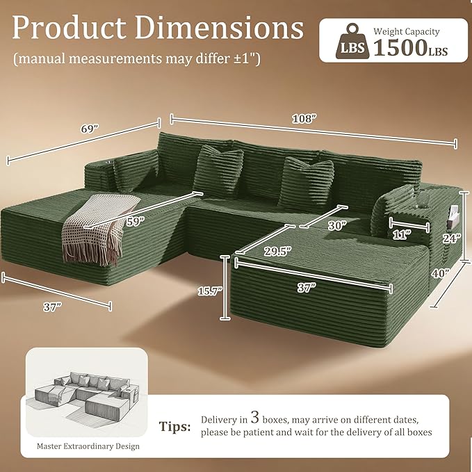Oversized 108" Cloud Sectional Couch, Comfort U Shaped Boneless Couch - Image 2