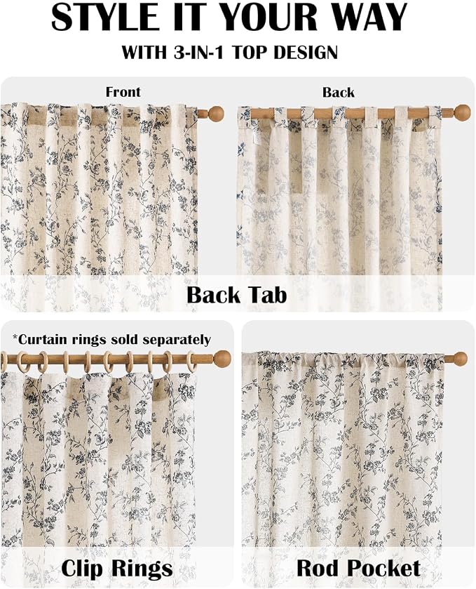 Lazzzy Farmhouse Linen Curtains Black Floral Curtains 90 Inch Length Back Tab - Image 6