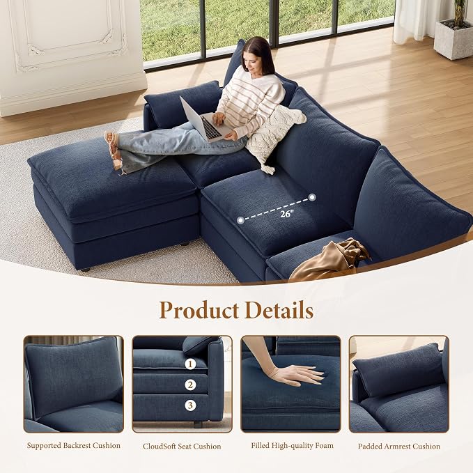 Vesgantti 108" U Shaped Sectional Couch, Deep Seat Cloud Modular Sectional Sofa - Image 4