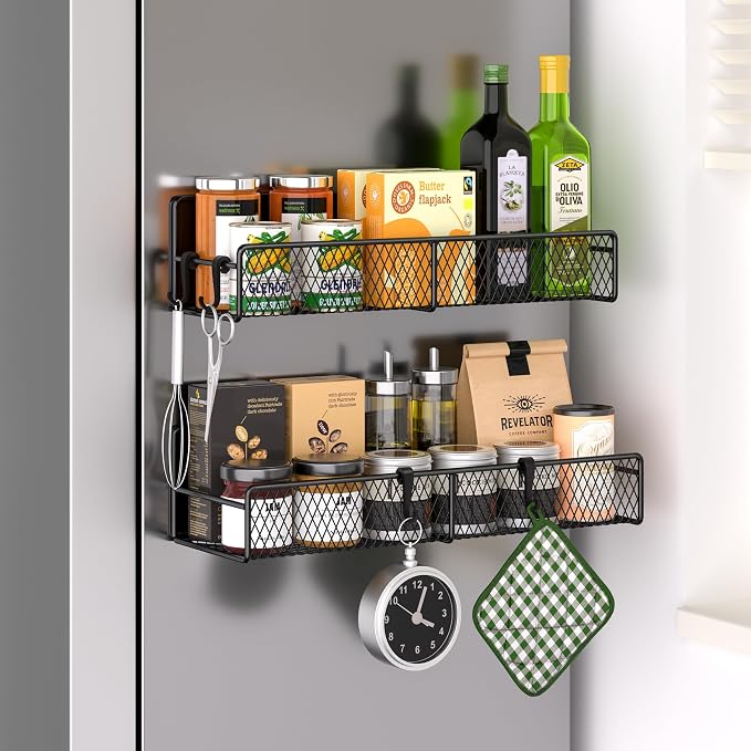 Magnetic Spice Rack for Refrigerator, 2 Pack Metal Magnetic Shelf Black by DTUQYX