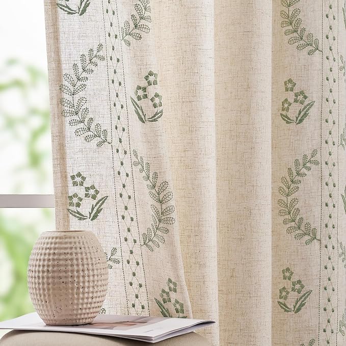 jinchan Belrose Linen Curtains for Bedroom Floral Curtains 96 Inch Length Linen by JINCHAN