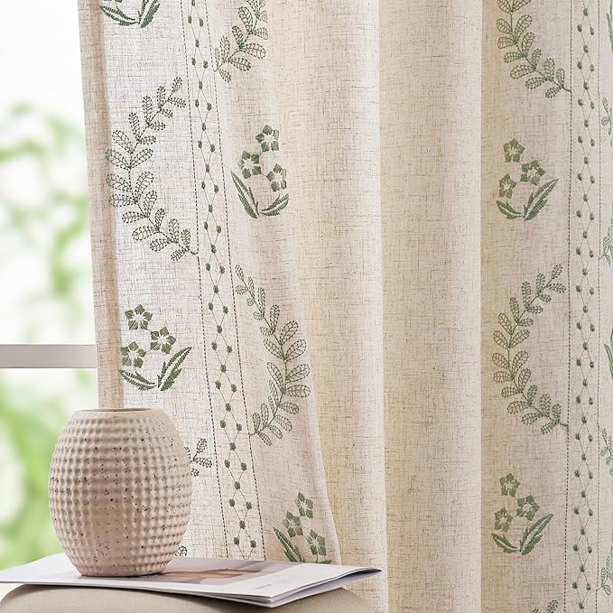 jinchan Belrose Linen Curtains for Bedroom Floral Curtains 84 Inch Length Linen by JINCHAN