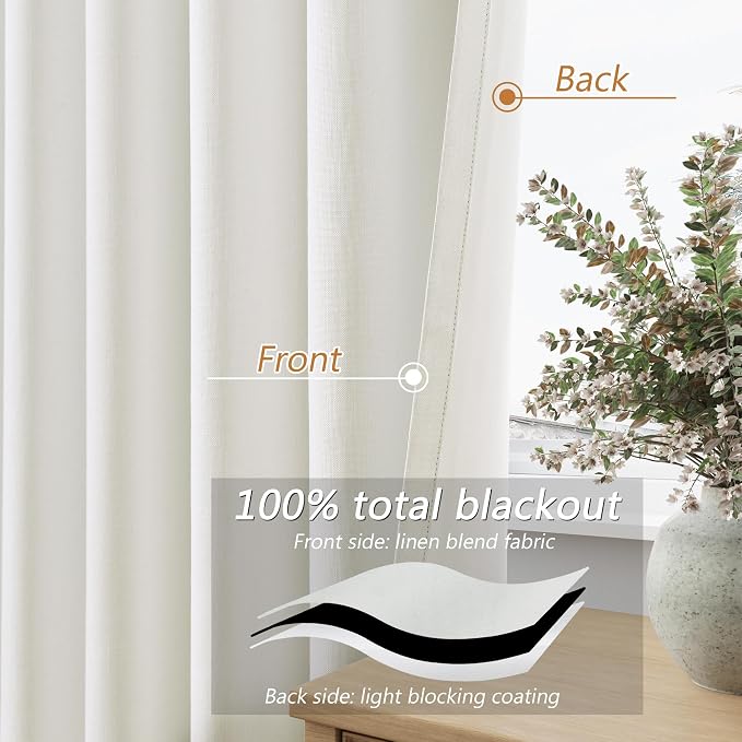 Guken Ivory 100% Blackout Linen Curtains 108 Inch Length 2 Panels Set - Image 4
