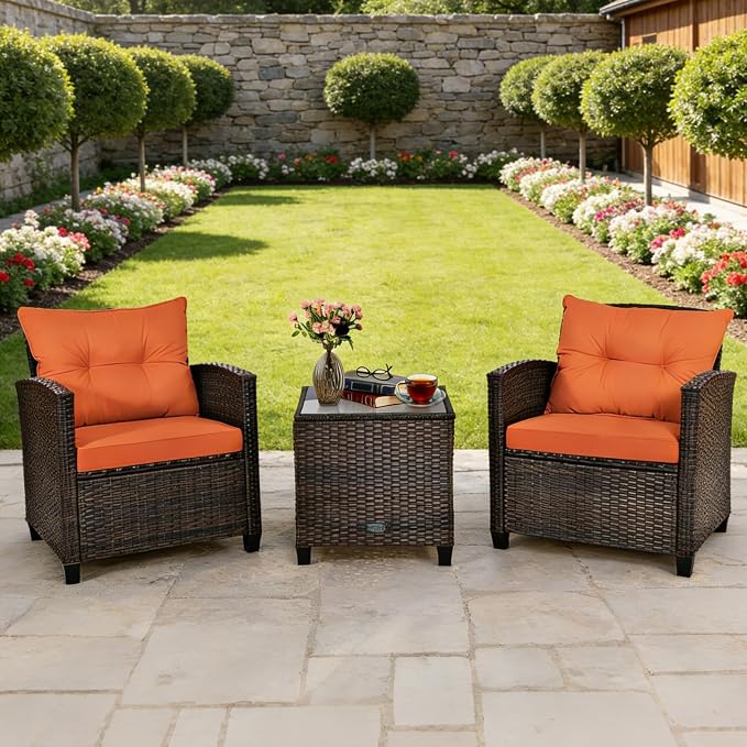 COSTWAY 3PCS Patio Furniture Set, PE Rattan Wicker Sofa w/Washable Cushion and - Image 2
