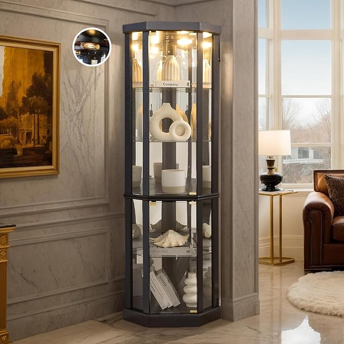 Corner Curio Cabinet, Light Bulb Inclued, Wine Bar China Cabinet by CKEASEANFurniture