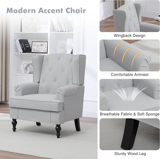 Accent Chair for Living Room, Mid Century Modern Upholstered Armchair, Wingback - Image 5