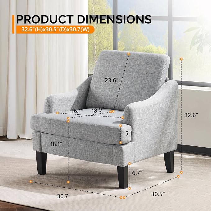 VINGLI Linen Fabric Accent Chair Grey, Modern Upholstered Armchair, Comfy Sofa - Image 2