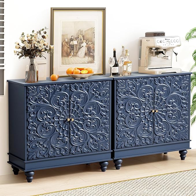 weselon Accent Cabinet Set of 2, Luxury Carving Board Buffet Cabinet by WelcometoFurnitureSalon