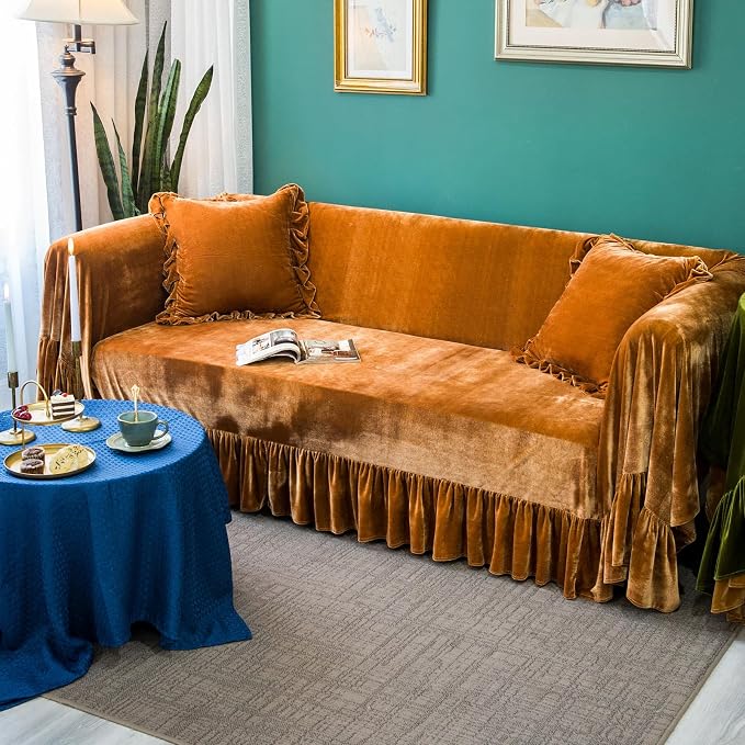 Velvet Sofa Cover Soft Decorative Luxurious Solid Exquisite Ruffle Trim - Image 8