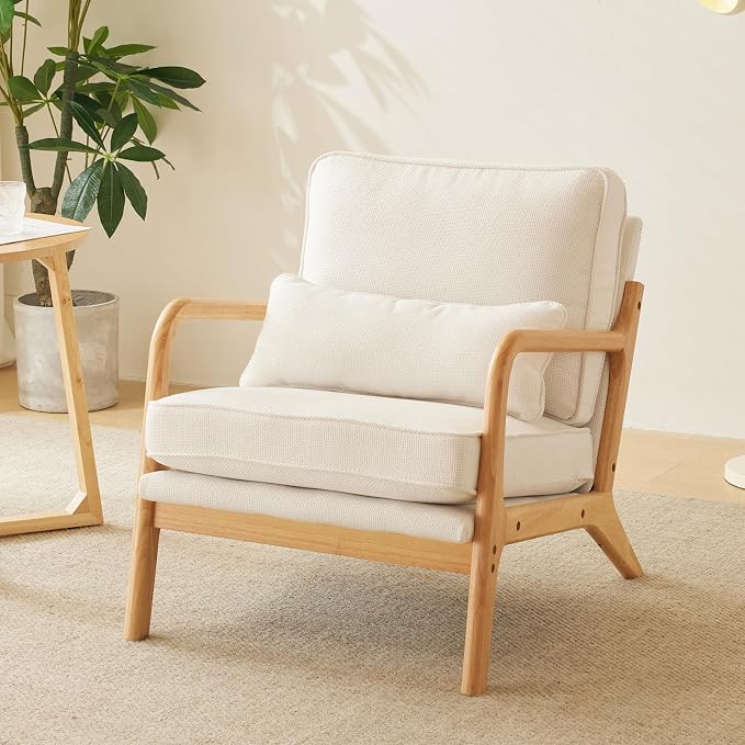 Bonnlo Coarse Linen Beige Mid Century Modern Accent Chair, Soild Wood Padding - Image 8