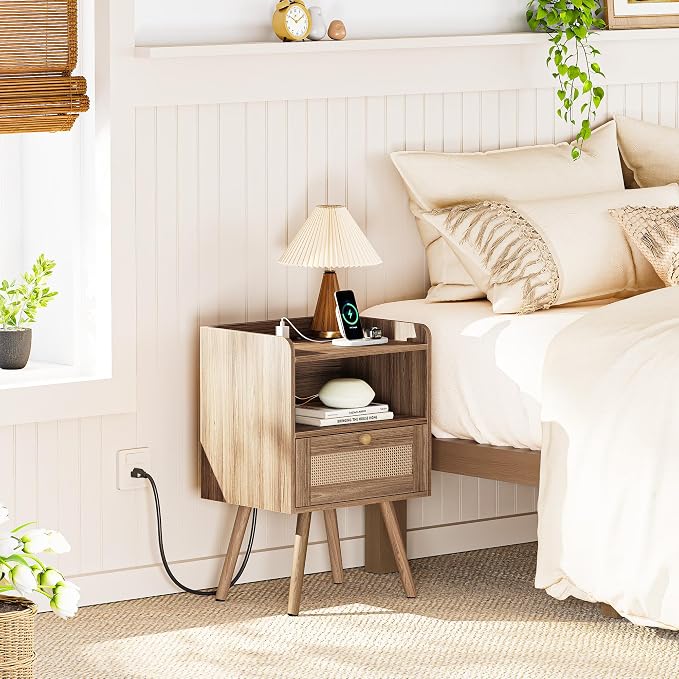 SUPERJARE Nightstand with Charging Station & Rattan-Like Decor Drawer, Rattan - Image 2