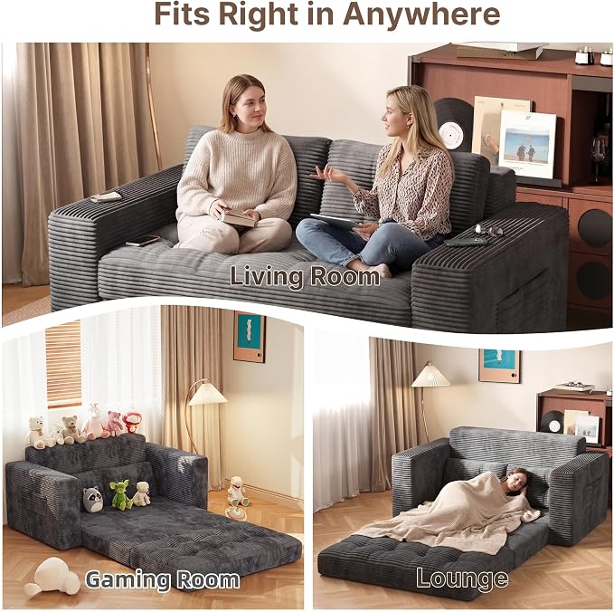 Gizoon Boneless Convertible Floor Sofa Bed, Corduroy 2 Seater Lounge Sleeper - Image 3