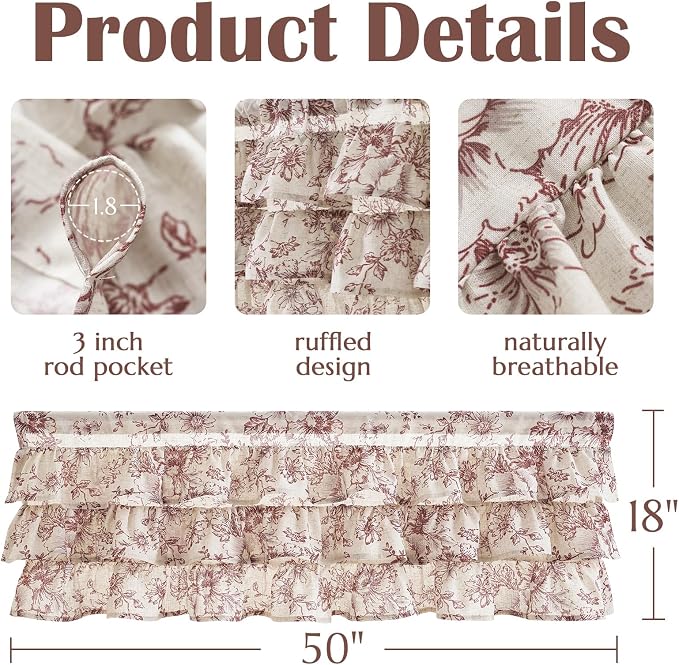 jinchan Ruffled Floral Valance Linen Shabby Chic Small Window Curtain 18 Inch - Image 8