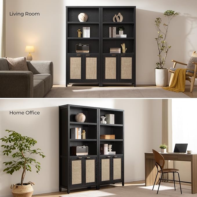 SICOTAS Bookcase 71" Tall Bookshelf 5 Tier Rattan Boho Bookcase - Image 7