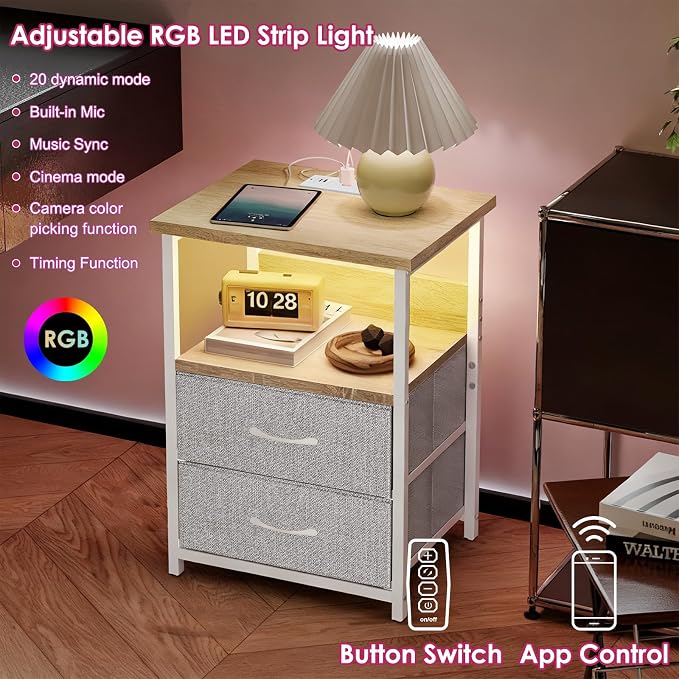 Fixwal Night Stand with Charging Station, LED Nightstand with U-S-B Ports and - Image 3