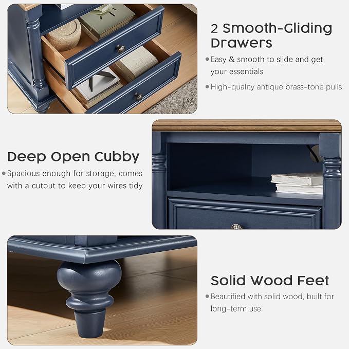 T4TREAM 24'' Farmhouse End Table w/4 Solid Wood Feet, Large 2 Drawers Wide Sofa - Image 5