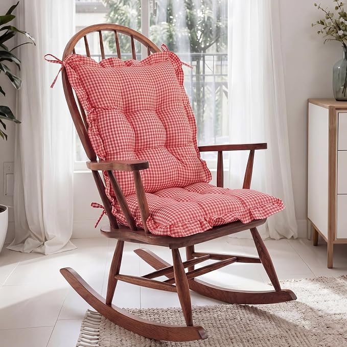 Lewtemi 2 Set Red Gingham Rocking Chair Cushion Village Ruffled Rocking Chair - Image 3