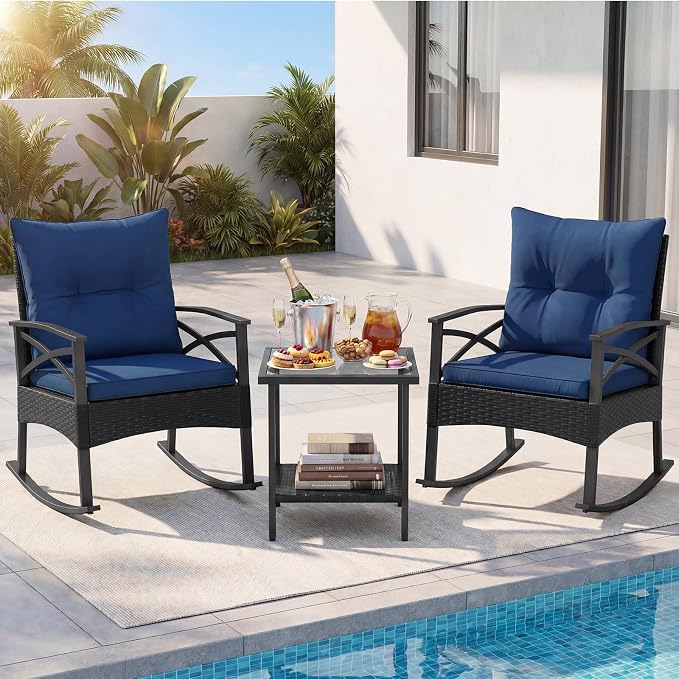 Tangkula 3 Pieces Outdoor Rocking Chairs Set, Rattan Heavy Duty Cushioned - Image 3