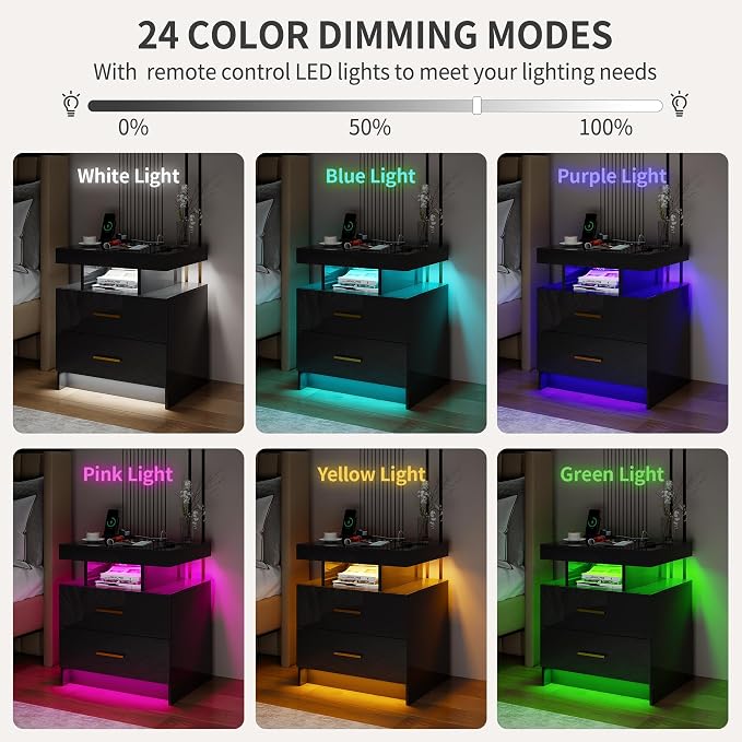 Smart Night Stand with Charging Station, Modern Black Nightstand with 24 Color - Image 3
