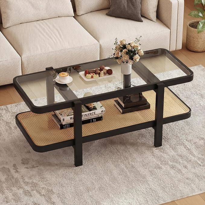Giantex Rattan Coffee Table, 47.5" Rectangle Solid Wood Tea Table w/Tempered by Giantex