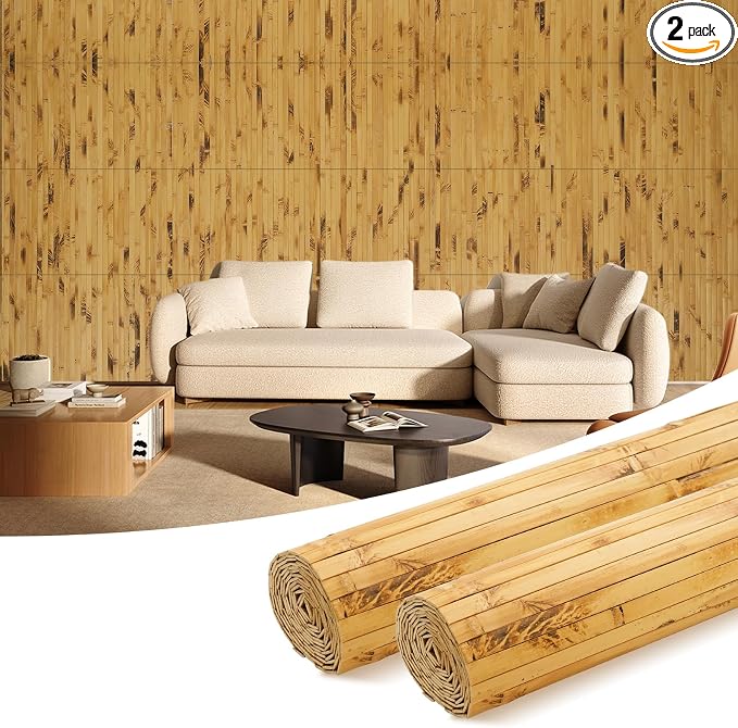 OUZUGIE 2 Pack 96x24 Inch Natural Bamboo Wall Panel – Yellow Burned Pole Wrap by OUZUGIE