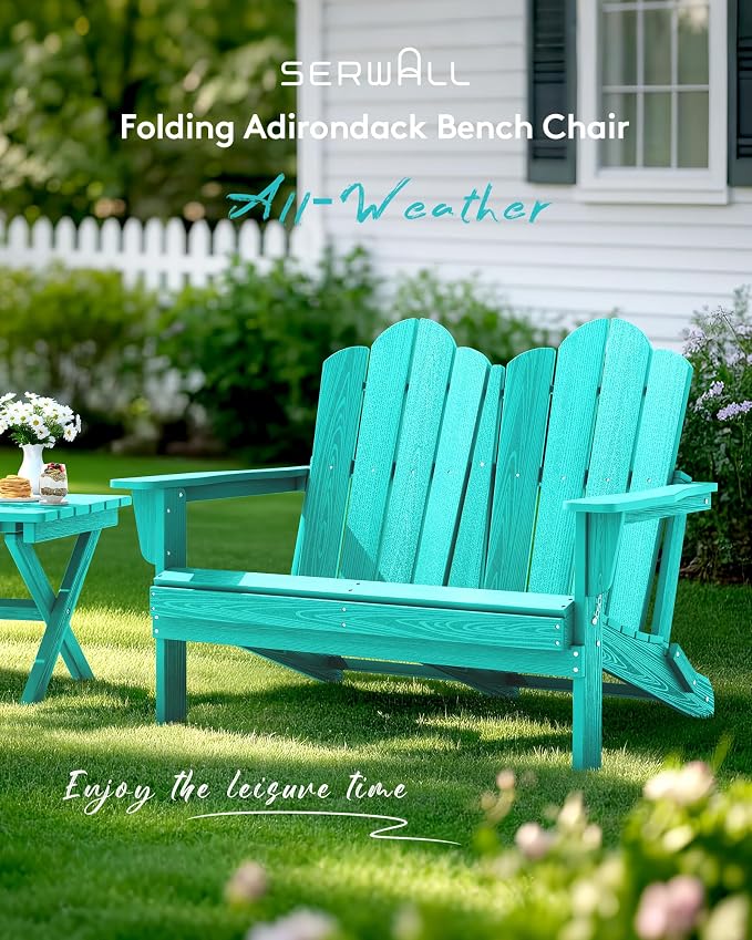 SERWALL Folding Adirondack Bench, HDPE All-Weather Adirondack Loveseat - Image 2
