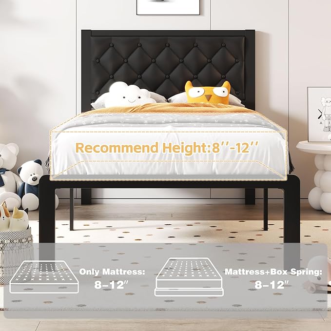 Fluest Twin Bed Frame with Headboard PU Leather Upholstered Bed Frame Platform - Image 7