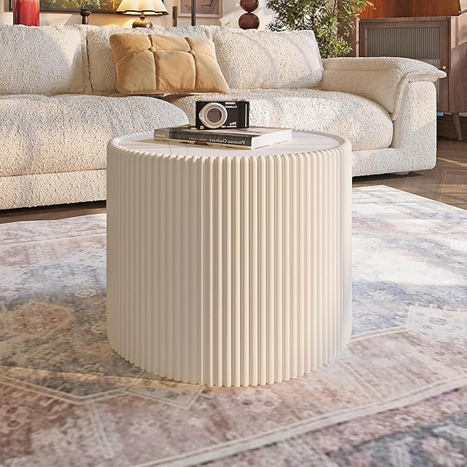 SSLine Round Drum Coffee Table Modern Sintered Stone Top Side End Table in - Image 4