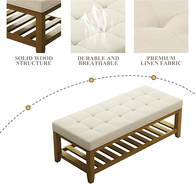 Befurtori Large Rectangular Upholstered Ottoman Bench, Linen Tufted Footrest - Image 6